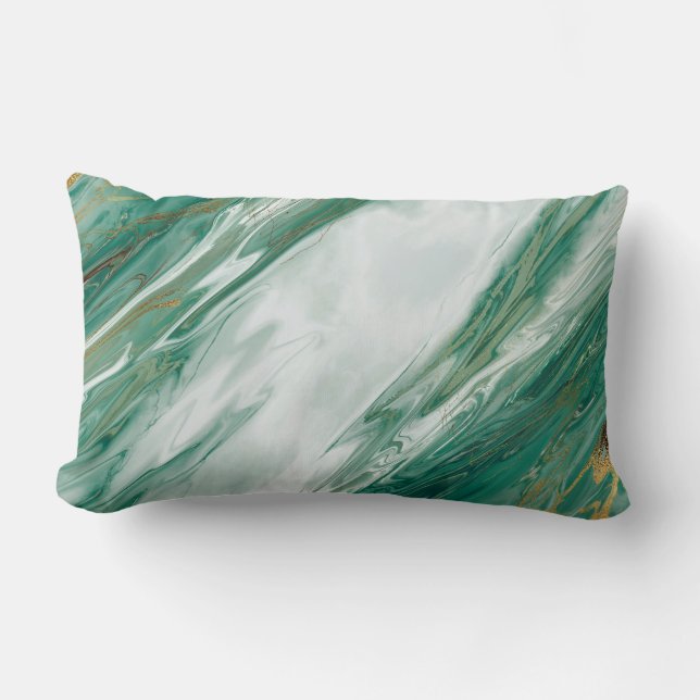 Emerald Jade Green Gold Accented Painted Marble Lumbar Pillow (Front)