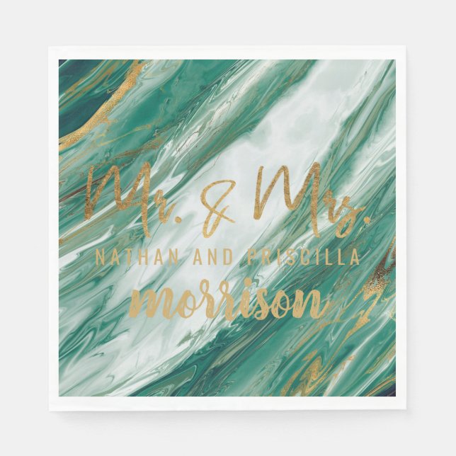 Emerald Jade Green Gold Painted Marble Wedding Napkin (Front)