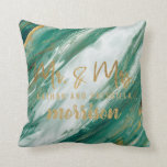 Emerald Jade Green Gold Painted Marble Wedding Throw Pillow<br><div class="desc">Enjoy this wedding event gift that displays an emerald jade green and white painted marble pattern with gold accents print. This design is part of a wedding and newlywed gift collection that features products with faux printed gold brushstroke typography. These products will feature Mr. and Mrs. products, Mrs. products, and...</div>