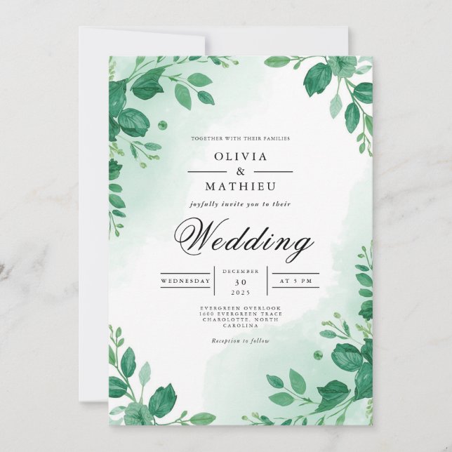 Emerald Leaf Watercolor Elegance Wedding Invitation (Front)
