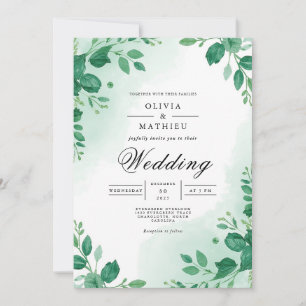 Emerald Leaf Watercolor Elegance Wedding Invitation