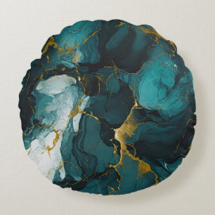 Emerald Marble with Golden Veins Round Pillow