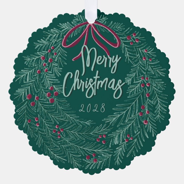Emerald Merry Christmas Photo Wreath  Ornament Card (Front)