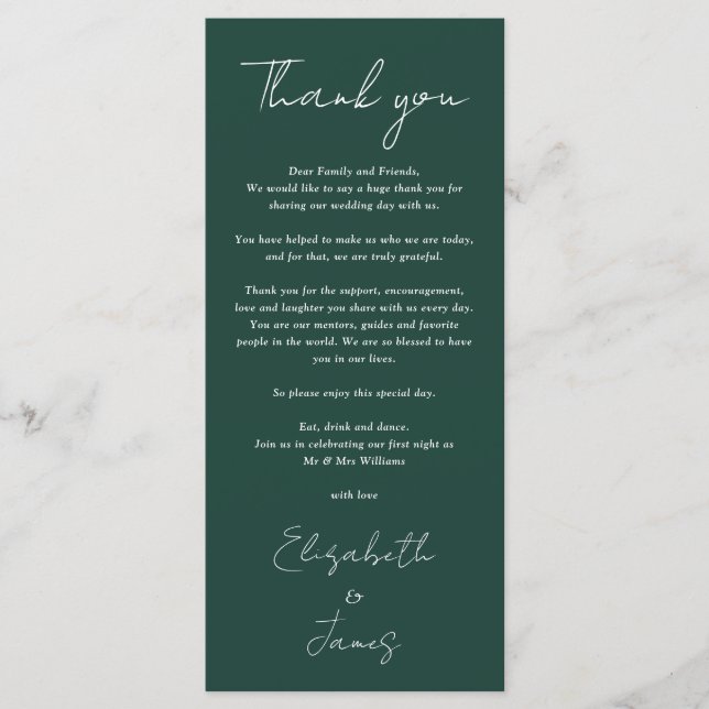 Emerald Minimalist Wedding Thank You Place Card (Front)