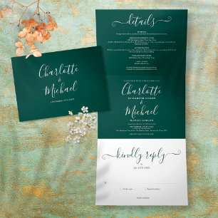 Emerald Modern Script Minimalist Photo Wedding Tri-Fold Invitation