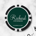 Emerald Modern Script Personalized Groomsman Poker Chips<br><div class="desc">Personalized Groomsman Gifts
featuring personalized groomsman's name in white modern script font style with title and wedding date in modern sans serif font style on emerald green background.

Also perfect for best man,  father of the bride and more.</div>