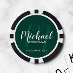 Emerald Modern Script Personalized Groomsmen Poker Chips<br><div class="desc">Add a personal touch to your wedding with personalized groomsmen poker chips. This design features personalized groomsmen's name in white modern script font style and monogram in light emerald green modern script font style as background with title and wedding date in white modern sans serif font style on emerald green...</div>