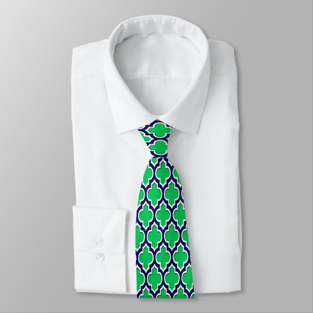 Emerald, Navy Blue White Moroccan Quatrefoil #4DS Tie (Tied)