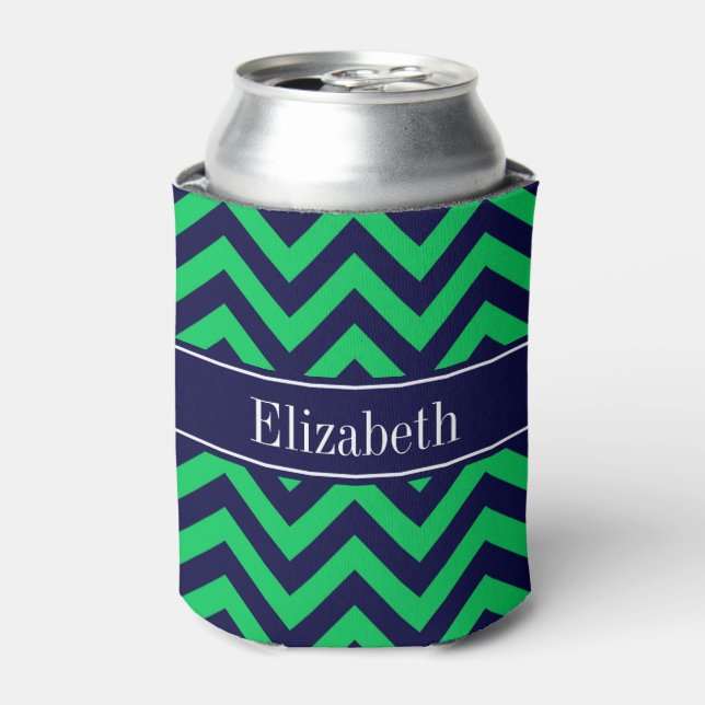 Emerald Navy LG Chevron Navy Blue Name Monogram Can Cooler (Can Front)