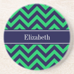 Emerald Navy LG Chevron Navy Blue Name Monogram Coaster