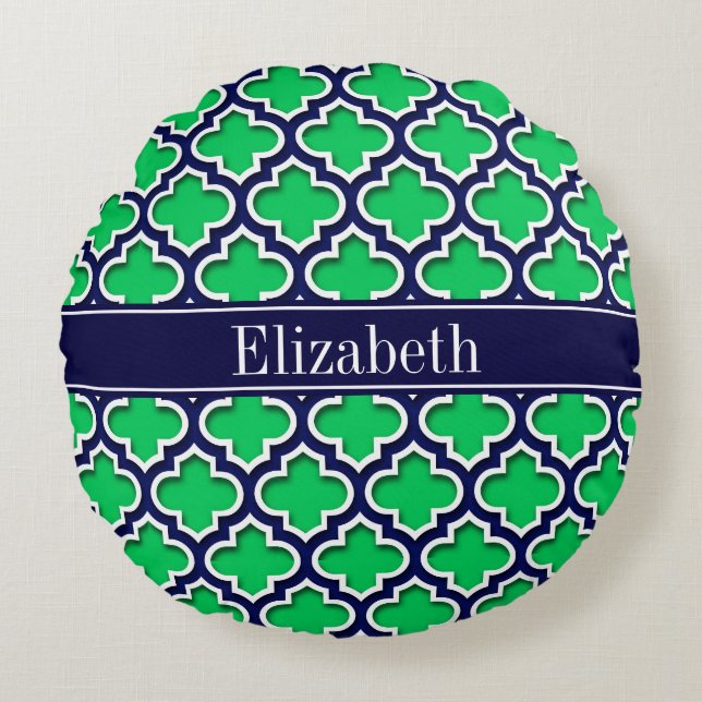 Emerald Navy Moroccan #5DS Navy Name Monogram Round Pillow (Front)