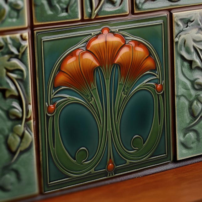 Emerald Orange Wall Decor Art Nouveau Ceram Tile (Creator Uploaded)