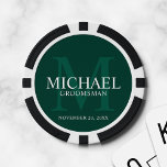 Emerald Personalized Groomsmen's name&monogram Poker Chips<br><div class="desc">Add a personal touch to your wedding with personalized groomsmen poker chips. This design features personalized groomsman's name with title and wedding date in white and monogram in light emerald green as background, in classic serif font style, on emerald green background. Also perfect for best man, father of the bride...</div>