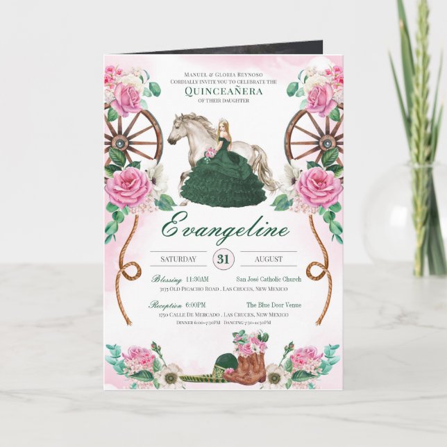Emerald & Pink Charro Western Photo Quinceanera Invitation (Front)