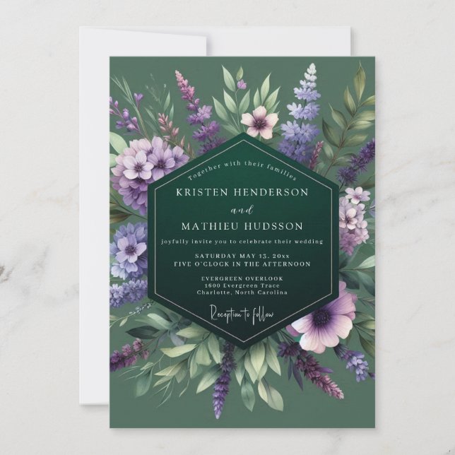 Emerald Purple Wildflower Wedding Invitation (Front)