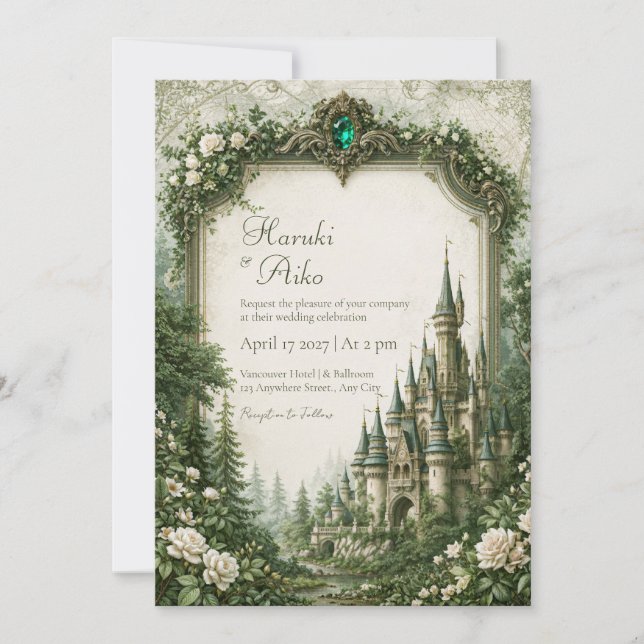 Emerald Rose Castle Wedding Invitation (Front)