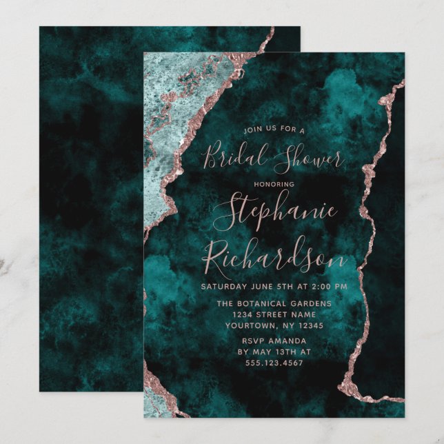 Emerald & Rose Gold Agate Bridal Shower Invitation (Front/Back)