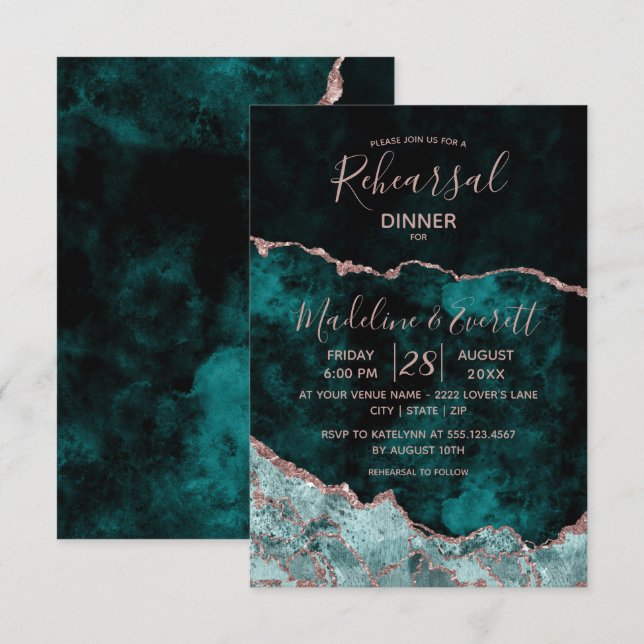 Emerald & Rose Gold Agate Wedding Rehearsal Dinner Invitation (Front/Back)