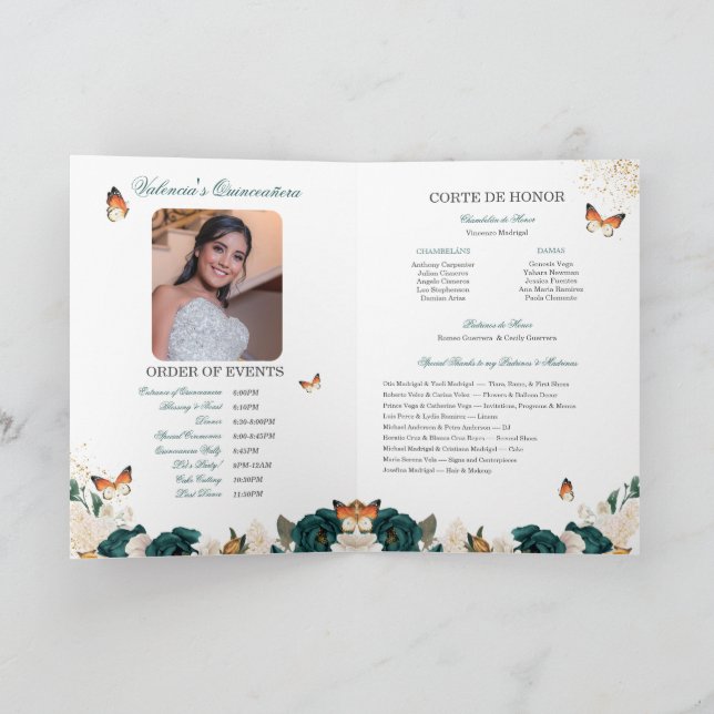 Emerald Roses Gold Tiara Butterfly Quinceanera Program (Inside)