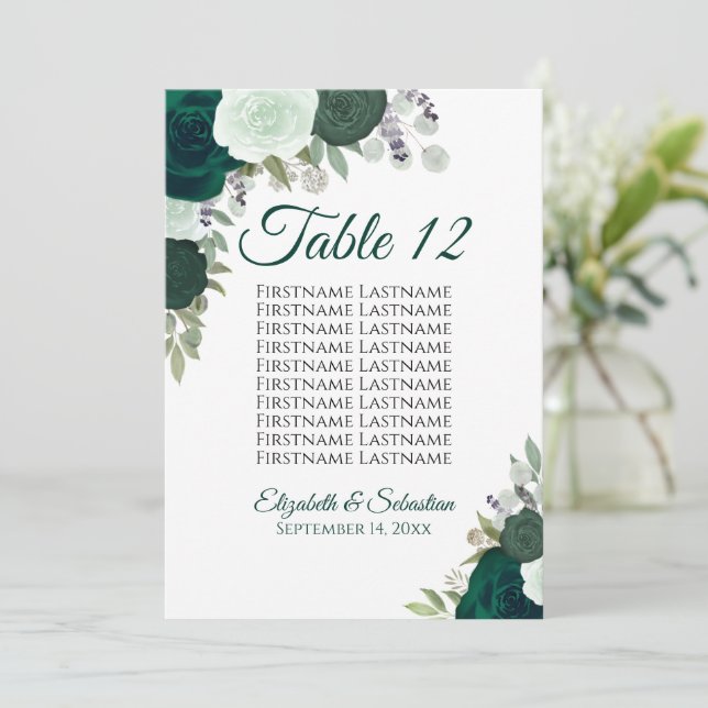 Emerald Roses Wedding Seating Chart Table Card (Standing Front)