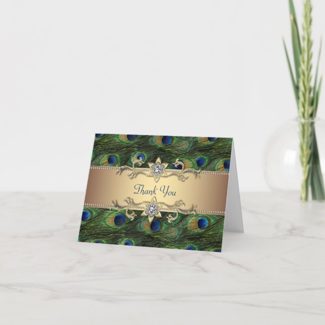 Emerald Royal Blue Gold Peacock Thank You Cards (Front)