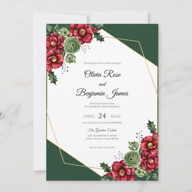 Emerald Ruby Camellia Eucalyptus Wedding Invitation (Front)