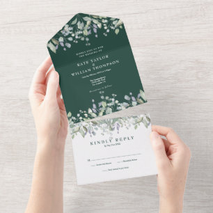 Emerald Sage And Lilac Floral Monogram Wedding All In One Invitation