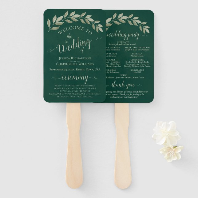 Emerald & Sage Leaves Elegant Wedding Program Hand Fan (Front and Back)