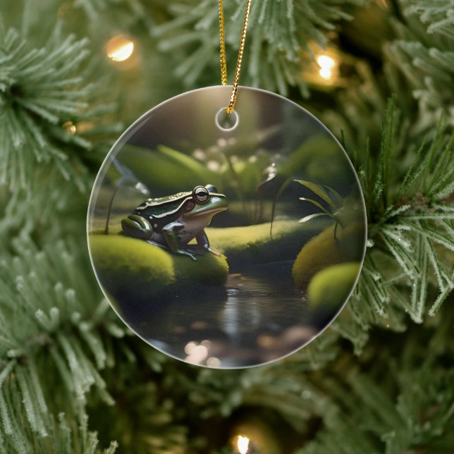 Emerald Serenity: A Green Frog by the River, Ceramic Ornament (Tree)