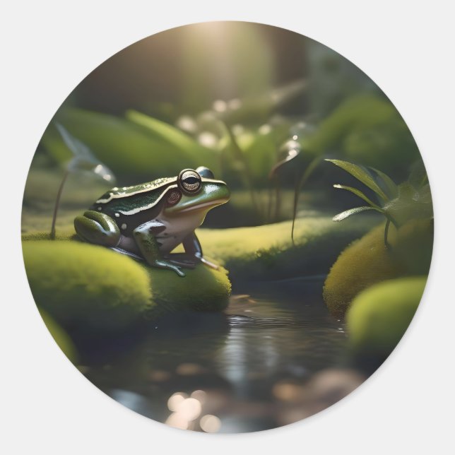 Emerald Serenity: A Green Frog by the River, Classic Round Sticker (Front)
