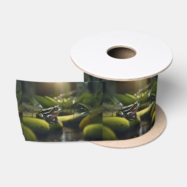 Emerald Serenity: A Green Frog by the River Satin Ribbon (Spool)