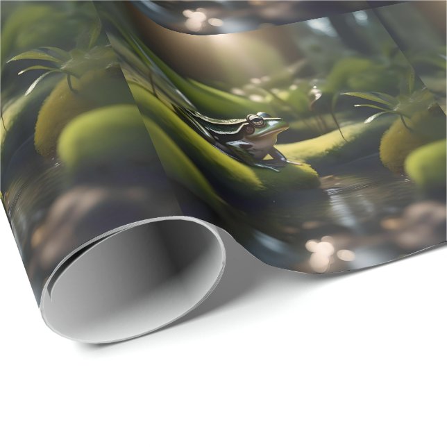 Emerald Serenity: A Green Frog by the River Wrapping Paper (Roll Corner)