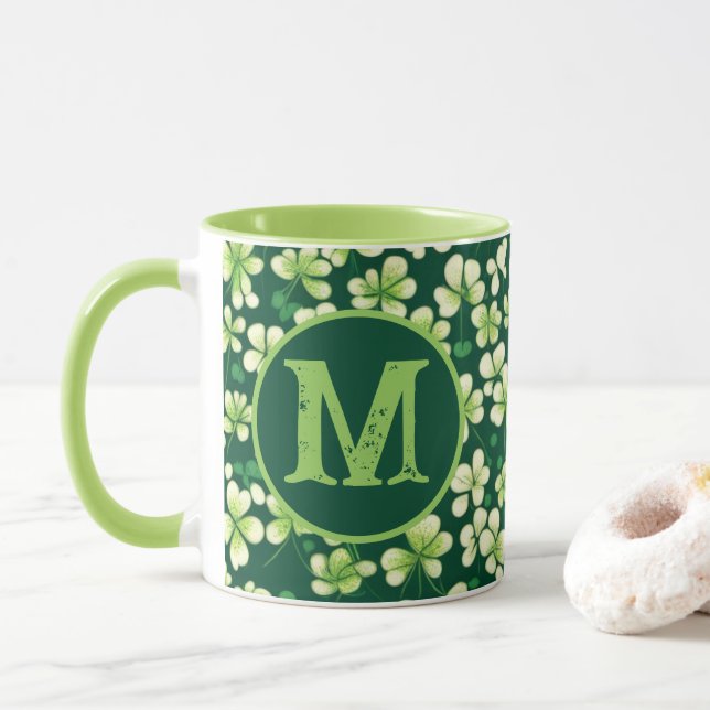 Emerald Shamrock Tapestry: Dark Green Delight Mug (With Donut)