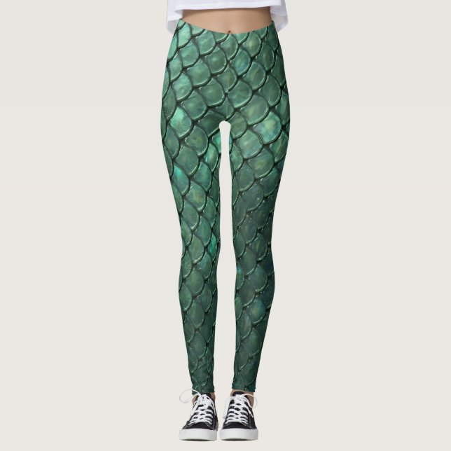 Emerald Shimmering Dragon Skin Scales Pattern Leggings (Front)