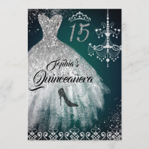 Emerald Silver Sparkle Diamond Dress Quinceanera Invitation