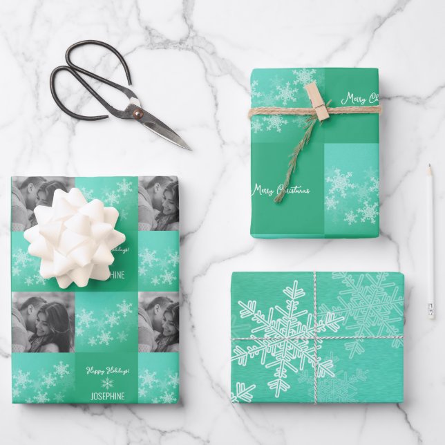 Emerald Snowlfakes Minimalist Photo Christmas  Wrapping Paper Sheet (Front)