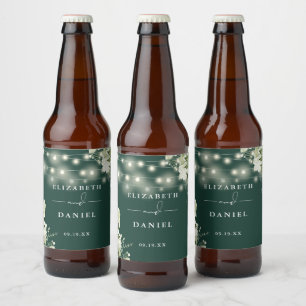 Emerald String Lights Floral Greenery Wedding Beer Bottle Label