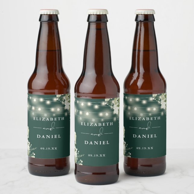 Emerald String Lights Floral Greenery Wedding Beer Bottle Label (Bottles)