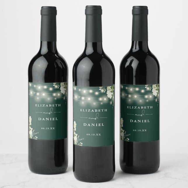 Emerald String Lights Floral Greenery Wedding Wine Label (Bottles)