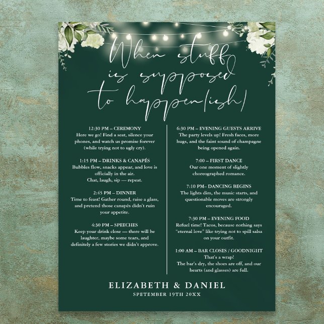 Emerald String Lights Floral Wedding Itinerary Poster (Emerald String Lights Floral Wedding Itinerary Poster)