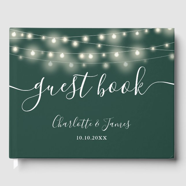 Emerald String Lights Signature Script Wedding Guest Book (Front)