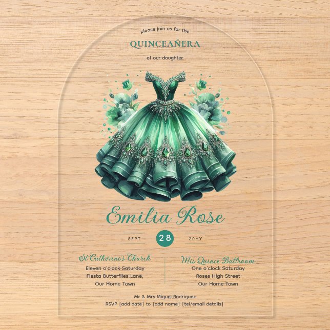 Emerald Sweet15 QUINCEANERA Green Dress Clear Acrylic Invitations (Front)