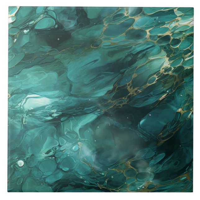 Emerald Teal and Gold Fluid Abstract Tile (Front)