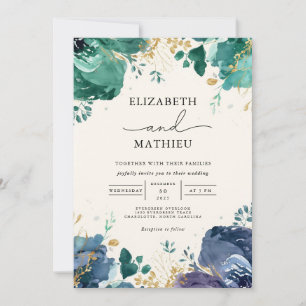 Emerald Teal Floral Botanical Wedding Invitation