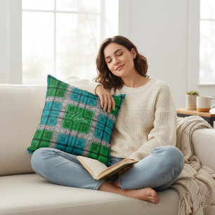 Emerald & Teal Rustic Plaid Pattern Personalized Throw Pillow