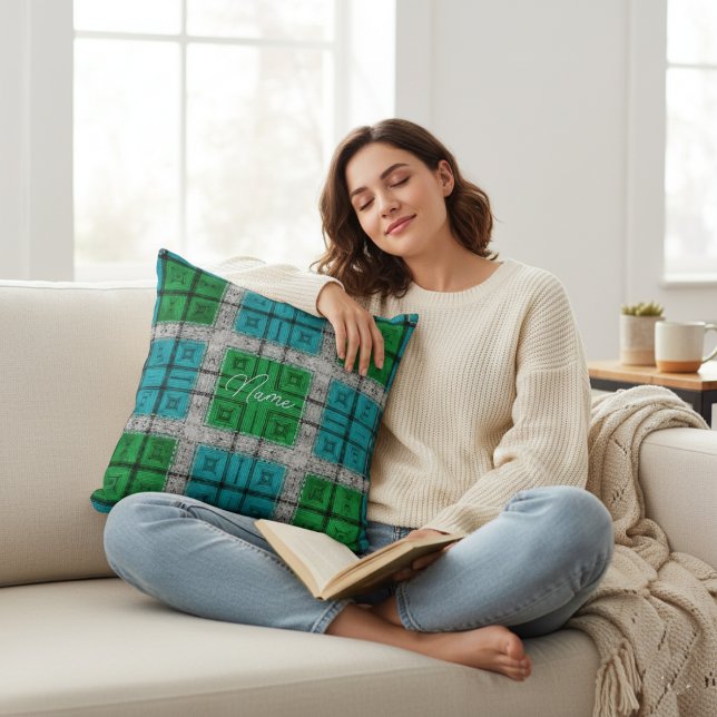 Emerald & Teal Rustic Plaid Pattern Personalized  Throw Pillow (Creator Uploaded)