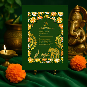 Emerald traditional Marigold Hindu Wedding RSVP Card