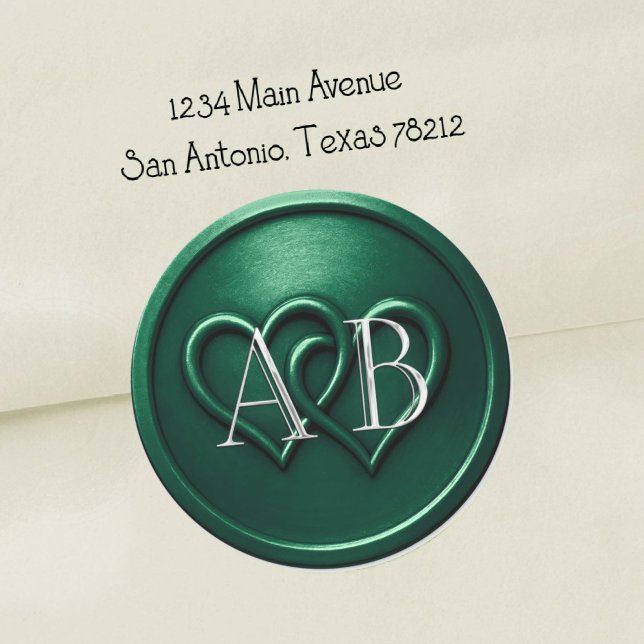 Emerald Two Hearts Silver Monogram Wedding Classic Round Sticker (Creator Uploaded)
