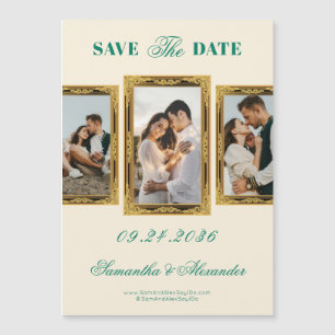 Emerald Vintage Frame Script 3 Photo Save The Date Magnetic Invitation