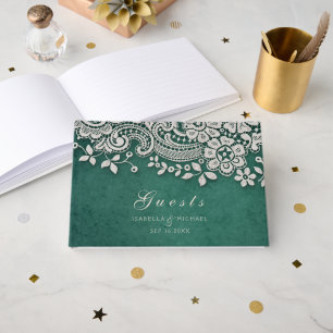 Emerald vintage lace rustic wedding guest book